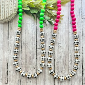 Buffalo plaid necklace, Hot pink, bright green, Black and white  buffalo plaid necklace, Hot pink and black, Gold and hot pink.