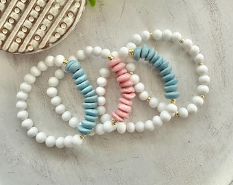 Pastel Beaded Bracelet Stack, Blue White Pink Stretch Bracelets, Stackable Jewelry Gift for Women, Summer Jewelry.