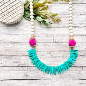 Turquoise statement Necklace, hot pink and turquoise necklace, turquoise stick beads, Long beaded necklace.