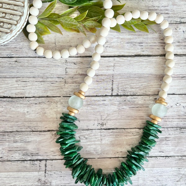 Green statement necklace, Green beaded statement necklace, Green Wood Chunky Bead Necklace, African recycled glass bead.