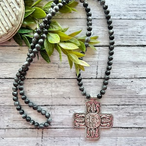 Cross Necklace, Large silver cross Pendant Necklace, beaded cross necklace, Western cross necklace, gift for Christian woman, for wife.