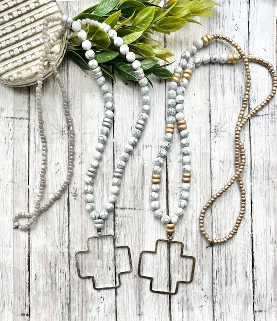 Beaded Cross Necklace. White. Gray 