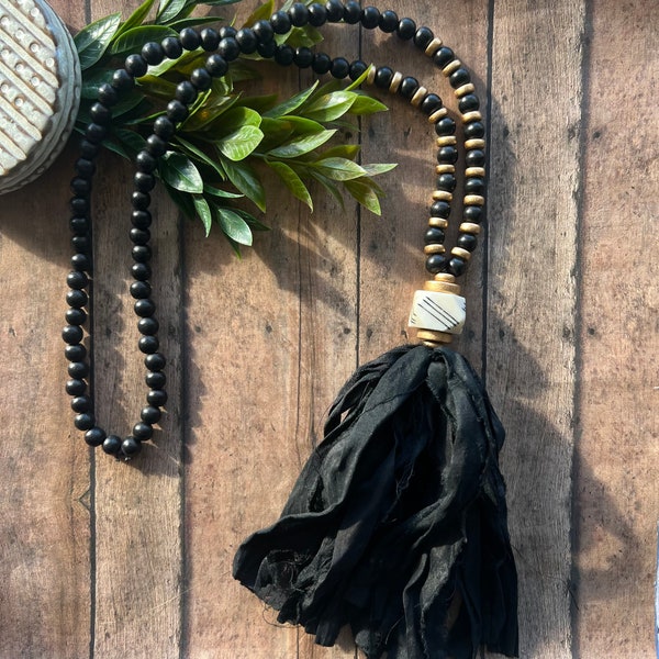 Black tassel necklace, Fabric tassel necklace, Black material tassel necklace, Long black tassel necklace, Black tassel necklace.