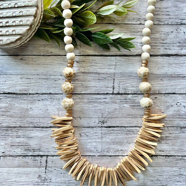 Neutral statement necklace, beige and white wood necklace, wood stick Necklace, Neutral statement necklace.