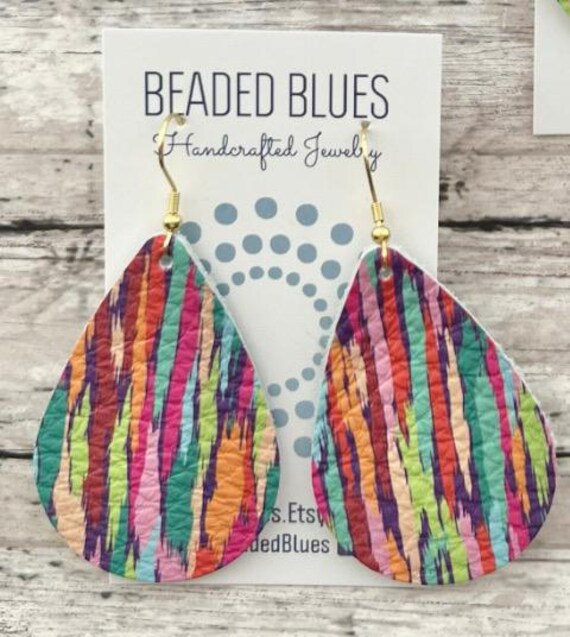 Pink Multi Color Leather Earring. Colorful Stripes. Pink. Purple
