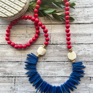 Blue and Red statement beaded necklace, American  beaded necklace, Red white and blue Necklace, Fourth of July,  Patriotic necklace.