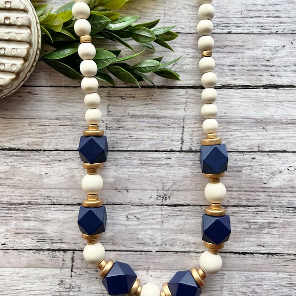 Navy and White Necklace, navy beaded necklace, navy and white statement necklace, navy white gold, wood bead necklace.