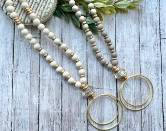 Beaded long necklace, beaded  pendant necklace, Gold circle pendant, White or gray wood beaded long necklace, Circle Pendant Necklace.