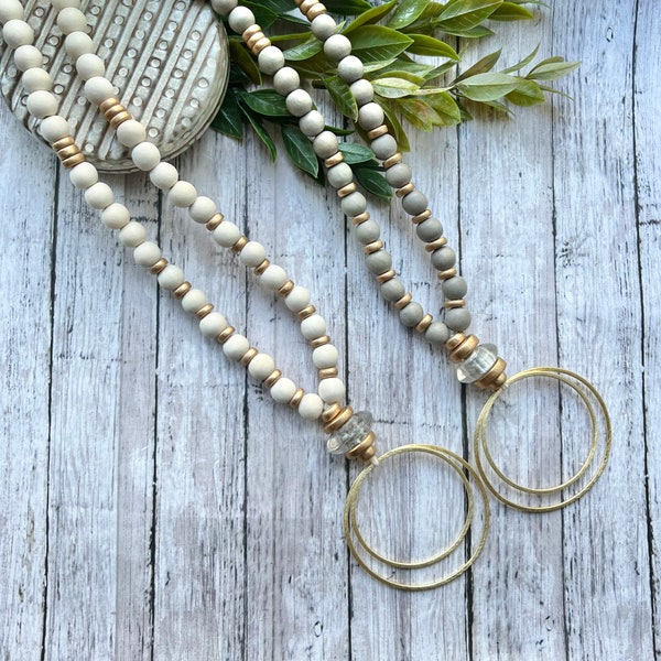 Beaded long necklace, beaded  pendant necklace, Gold circle pendant, White or gray wood beaded long necklace, Circle Pendant Necklace.