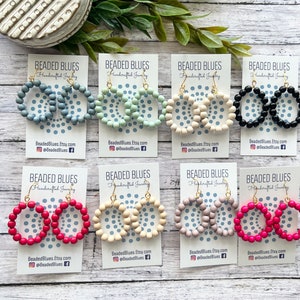 Wood Bead Hoop earrings, dangle hoops, white, hot pink, mint, black, red, tan, mauve, light blue.