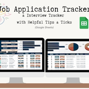 Peut inclure: Deux écrans d'ordinateur affichant un suivi des candidatures et des entretiens d'embauche. Le texte "Job Application Tracker & Interview Tracker with Helpful Tips & Ticks" est en haut. Le suivi comprend des champs de données et des graphiques.