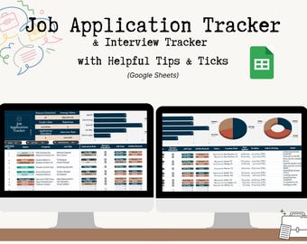 May include: Two computer monitors displaying a job application tracker and interview tracker. The text "Job Application Tracker & Interview Tracker with Helpful Tips & Ticks" is at the top. The tracker includes data fields and charts.