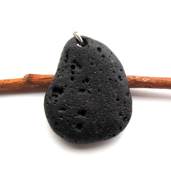 Top Drilled Large Black Single River Stone Pendant, Eco Beach Stone Jewelry Making, Pebble Pendant, LAVA ROCK PENDANT, 27x34 mm