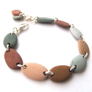 River Stone Beaded Boho Bracelet, Gift for Her, Eco Beach Stone Bracelet, Rustic Beach Pebble Bracelet, Green Brown Silver, CHARMED image 1