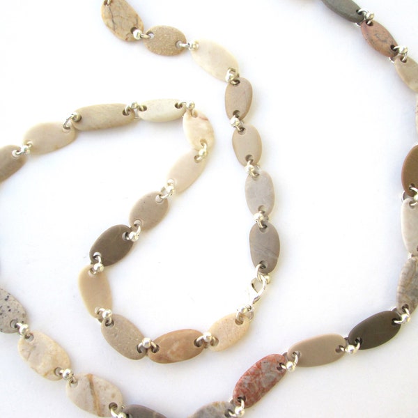 River Rock and Silver Beaded Adjustable Long Boho Necklace, Beach Stone Belt, Organic Rock Jewellery, MALINA, 100 cm - 39 1/2 inch