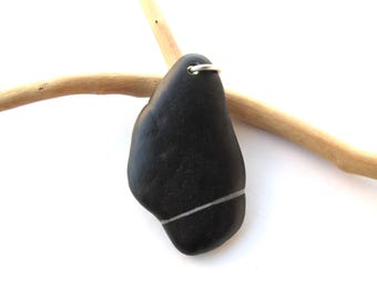 Drilled Quartz Striped Large Black River Rock, Eco Jewelry Making Pebble to Hang, STRIPED Smooth STONE PENDANT, 25x45 mm