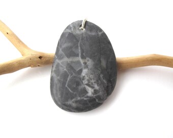Large Single Beach Rock Pendant to Hang, Drilled River Stone Eco Jewelry Making, Black and Grey MARKED PEBBLE PENDANT, 32x45 mm