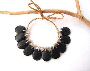 Small Black Beach Rock Charms, Drilled Beach Stone Eco Jewelry Making Set, Pebble Earring Pairs, PITCH BLACK CHARMS, 10-12 mm