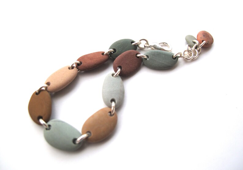 River Stone Beaded Boho Bracelet, Gift for Her, Eco Beach Stone Bracelet, Rustic Beach Pebble Bracelet, Green Brown Silver, CHARMED image 5