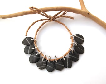 Striped Small Black Beach Stone Charms for Eco Jewelry Making, 13-14mm