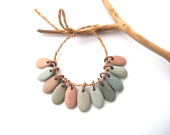 Drilled Small Teardrop Shaped Beach Stone Set for Eco Jewelry Making, Green Brown Rock Charm Pairs, MISTY FOREST PEBBLES, 14-20 mm