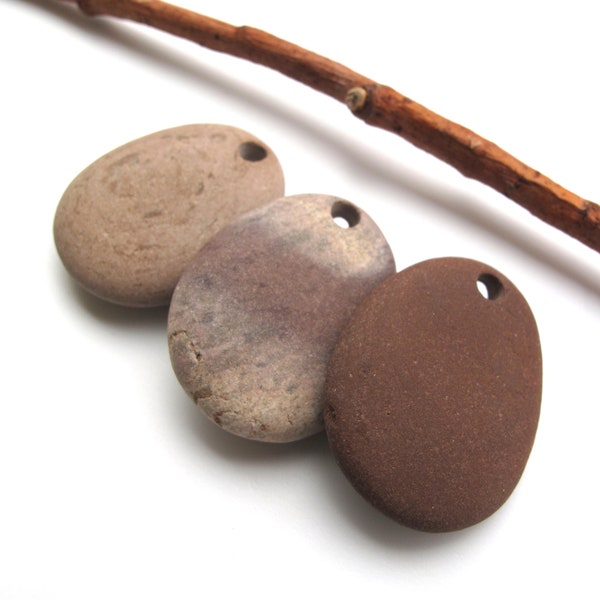 Drilled River Rocks, Colourful Beach Pebbles, Natural Beach Stone Eco Jewellery Making, MISTY Brown ROCK PENDANTS, 28-29 mm