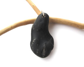 Boho Large Black Beach Rock Pendant, Beach Stone Eco Jewelry Making, Natural Rock to Hang, Smooth BLACK PEBBLE PENDANT, 24x44 mm