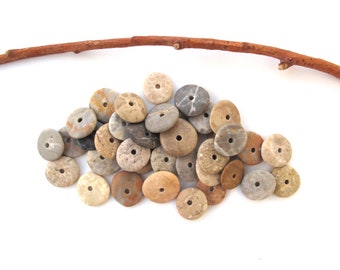 Drilled Small Grey Beige Circle Stones, Beach Rock Spacers for Jewelry Making, Round Pebble Cairn Earring Pairs, SMALL DONUTS, 14-16 mm