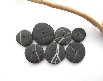 Centre Drilled Striped Black Beach Stone Cairn for Jewelry Making, Beach Rock Stacks, ZEBRA CIRCLE STONES, 16-25 mm