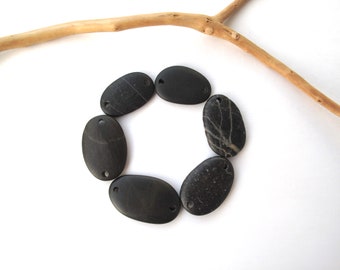 Drilled Large Black Beach Stone Bracelet Necklace Links, Beach Rock Jewelry Making, BLACK CONNECTORS, 26-32 mm