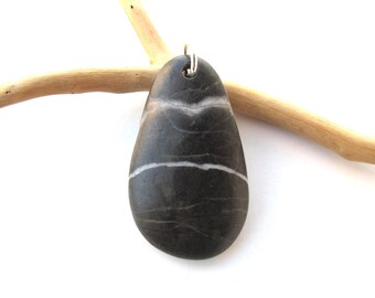 Drilled Striped Beach Stone Pendant: Black Teardrop Pebble (25x42 mm)