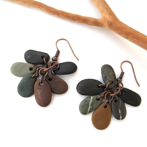 Beach Stone Earrings BLOOM Mediterranean Natural Stone Rock Jewelry River Stone Earrings Pebble Jewelry Creme Brown Green Copper