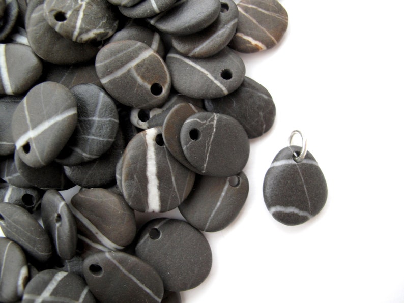 Drilled FOUR Small Striped River Rock Jewelry Making Beads Charms with Free Open Jump Rings, Pebble Earring Pairs, 4 ZEBRA STONES, 18-20 mm image 5