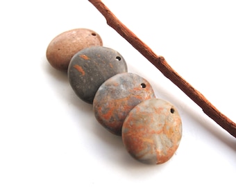 Drilled Large Gray Orange Beach Stone Pendants, Beach Rocks to Hang, Pebble Eco Jewelry Making, GREY and ORANGE PENDANTS, 25 mm