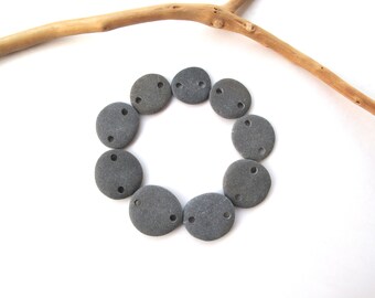 Small Grey Beach Stone Bracelet Links, Side Drilled River Rocks, Eco Jewelry Making, Misty CHARCOAL PEBBLE CONNECTORS, 15-20 mm