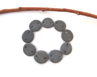 Small Grey Beach Stone Bracelet Links, Side Drilled River Rocks, Eco Jewelry Making, Matte CHARCOAL PEBBLE CONNECTORS, 15-18 mm