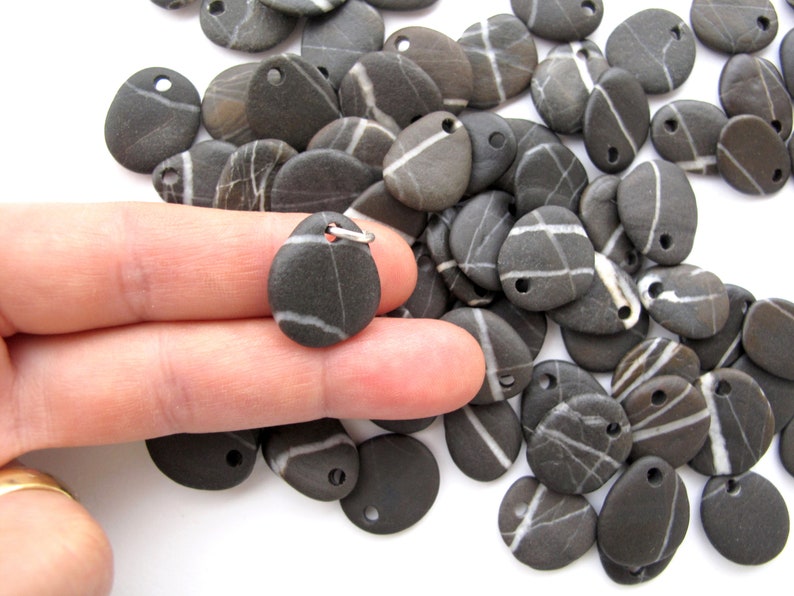 Drilled FOUR Small Striped River Rock Jewelry Making Beads Charms with Free Open Jump Rings, Pebble Earring Pairs, 4 ZEBRA STONES, 18-20 mm image 10