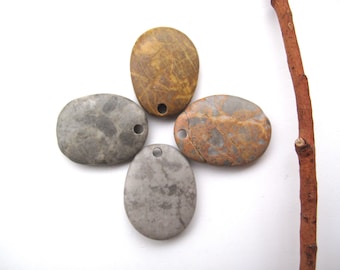 Top Drilled Beach Rock Pendants, Colorful Beach Stone Pendants, Drilled Flat Jewelry Making Rocks to Hang, GRAY and ORANGE PEBBLES, 28 mm