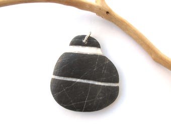 Drilled Quartz Striped Large Dark Beach Rock Pendant, Eco Jewelry Making Pebbles, STRIPED BLACK Stone PENDANT, 40x45 mm