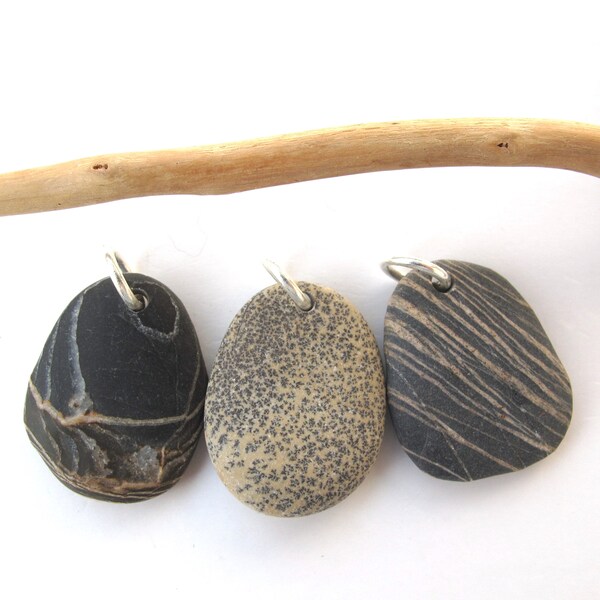 Drilled Black River Rock Pendants, Beach Stones to Hang, River Stone Jewelry Making, MARKED PENDANTS, 24-25 mm