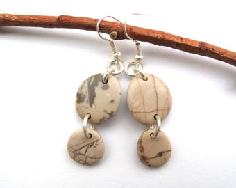 Beige Beach Stone Earrings, Gift for Her, Natural Rock Eco Jewelry, Beach Pebble Earrings, Boho River Rock Jewelry, Silver Earrings, MISO