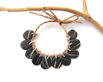 Small Striped Black Beach Rock Charms for Boho Jewelry Making, 15 mm
