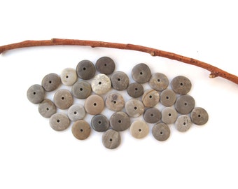 Small Grey Circle Stones, Drilled Beach Rock Spacers for Jewelry Making, Round Pebble Earring Pairs, SMALL GREY CAIRN, 11-15 mm