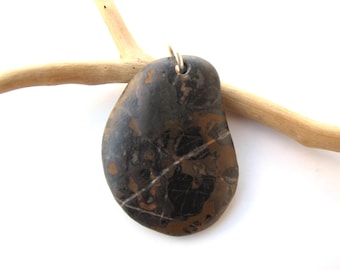 Large Single Beach Rock Pendant to Hang, Drilled River Stone Eco Jewelry Making, Black and Brown MARKED PEBBLE PENDANT, 30x40 mm
