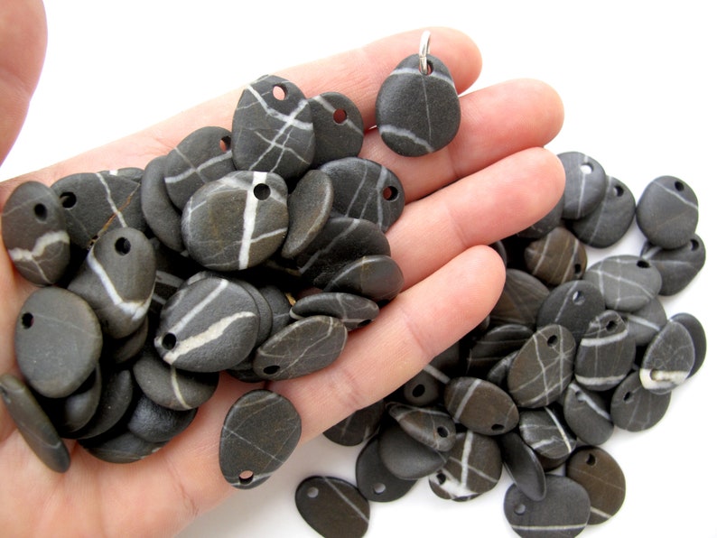 Drilled FOUR Small Striped River Rock Jewelry Making Beads Charms with Free Open Jump Rings, Pebble Earring Pairs, 4 ZEBRA STONES, 18-20 mm image 9