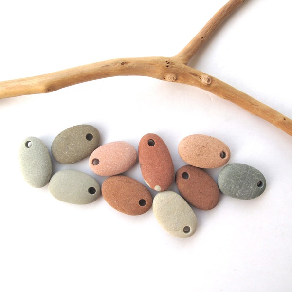 Drilled Small Teardrop River Rocks, Colorful Beach Pebbles, Beach Stone Jewelry Making, Salmon Pink, Green, Brown, MISTY PEBBLES, 17-20 mm