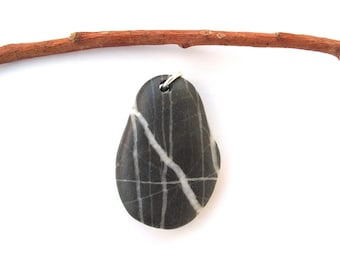 Drilled Quartz Striped Large Dark Beach Rock Pendant, Eco Jewelry Making Pebbles, STRIPED BLACK Stone PENDANT, 28x40 mm