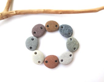 Side Drilled Colorful River Rock Links for Eco Jewelry Making, Beach Stone Connectors, Misty GREEN and PEACH Pebble LINKS, 15-17 mm
