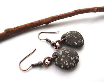 Polka Dot Beach Stone Earrings, Eco River Rock Boho Jewelry from Mediterranean, Gift for Her, Pebble Copper Earrings, POLKA DOT