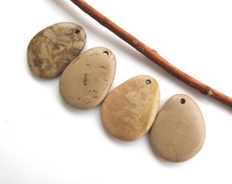 Top Drilled River Rock Pendants, Flat Beach Stone Pendants, Drilled Natural Stones, Eco Jewelry Making Rocks, BEIGE PENDANTS, 30 mm